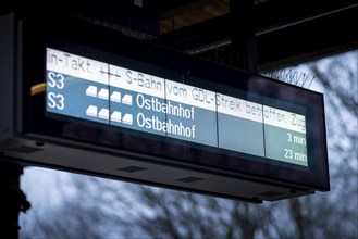 A display board on the S3 reads, S-Bahn affected by GDL strike. Today is the second day of the