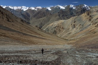 Looking down from Zherin La, a mountain pass in the remote part of the Zanskar Region, towards the