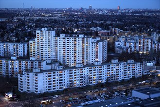 View of tower blocks and apartment blocks in the Neukoelln district of Berlin. The rise in rents in