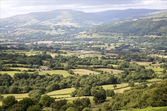 Usk valley landscape looking north west from B4246 road, near Abergavenny, Monmouthshire, Wales, UK