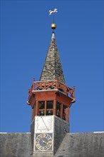 Roof-turret with carillon, clock and sundial of the town hall in the city Damme, West Flanders,