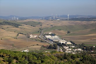 View over countryside and wind turbines from Vejer de la Frontera, Cadiz province, Spain, Europe