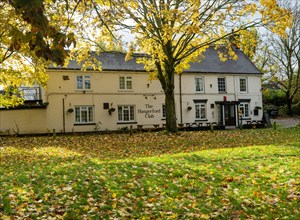 Autumn leaves on grass in front of The Hungerford Club, The Croft, Hungerford, Berkshire, England,
