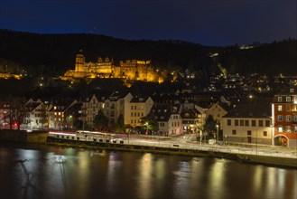Neckarstaden with old buildings and castle, Heidelberg, Baden-Wuerttemberg, Germany, Europe