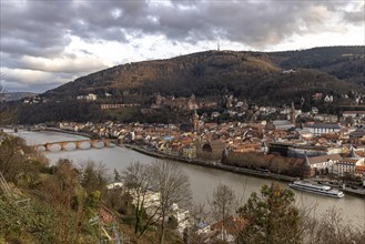 Panorama with castle, old bridge and city view, Heidelberg, Baden-Wuerttemberg, Germany, Europe