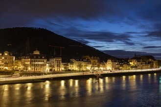 Illuminated historical buildings, Neckarstade, Heidelberg, Baden-Wuerttemberg, Germany, Europe