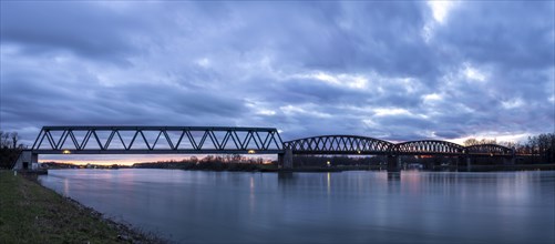 Rhine bridge Wintersdorf, dusk, Iffezheim, Beinheim, Baden-Wuerttemberg, Germany, Europe