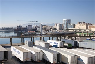 Vehicle containers on the quayside in the port of Malaga, Spain, Europe
