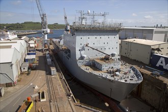 RFA Mounts Bay ship in dry dock, Falmouth, Cornwall, England, UK