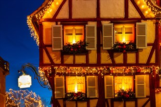 Historic half-timbered house with Christmas lights, Christmas decoration, Christmas market,
