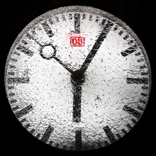 Shattered glass on a railway station clock at night, detail, symbolic photo, Witten, North