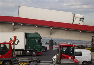 Heavy goods freight vehicles disembarkation from Stena Lines ferry, Hook of Holland, Netherlands