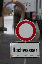 A riverside road in Leutesdorf is closed due to the Rhine flood, Leutesdorf, Rhineland-Palatinate,