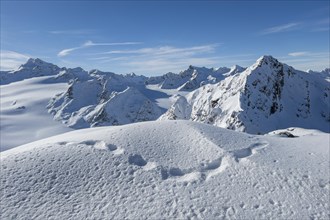 Mountain panorama with Wildpsitze (3770 m) and Rechter Fernerkogel (3289 m), Soelden, Tyrol