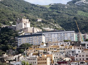 View of the Moorish castle, housing and the Rock of Gibraltar, British overseas territory in