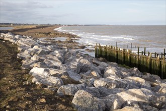 New rock armour coastal defences at East Lane, Bawdsey, Suffolk, England, UK