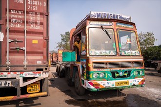 Lorry driver, parked lorries, Chennai, Tamil Nadu, India, Asia