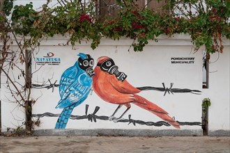 Birds with gas masks, graffiti-painted wall, Pondicherry or Puducherry, Tamil Nadu, India, Asia