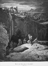 David shows Saul that he spared him, 1st Book of Samuel, chapter 24, mountain landscape, cave,