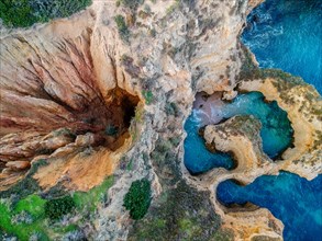 Aerial view, drone shot showing the dramatic coastline with cliffs and sea, Algarve, Lagos,