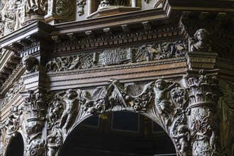 Renaissance-style carved canopy of the baptismal font, Enclos Paroissial enclosed parish of