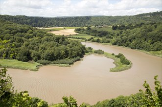 View north towards Lancaut over incised meander, gorge and river spit, River Wye, near Chepstow,