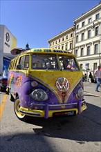 VW Transporter T1, front view, with surfboards and painting from the hippie era, Munich, Bavaria,