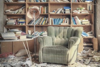 A lonely armchair in front of an overcrowded bookshelf in a decaying room, Urologist's Villa Dr