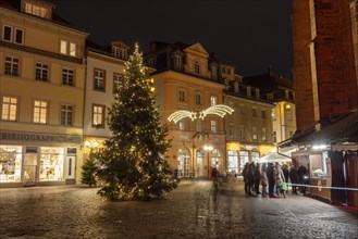 Christmas lights in the main street, Heiliggeistkirche, market square, Heidelberg,