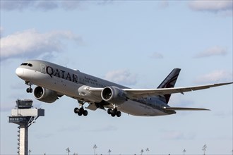 A Boeing 787-9 Dreamliner operated by Qatar Airways takes off from BER Berlin Brandenburg Airport