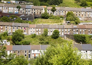 Linear pattern of terraced houses in Cwmparc, Treorchy, Rhonnda valley, South Wales, UK