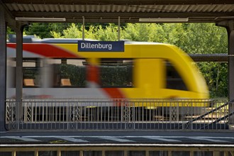 Passing railcar of the Hessische Landesbahn HLB at the railway station in Dillenburg, Hesse,