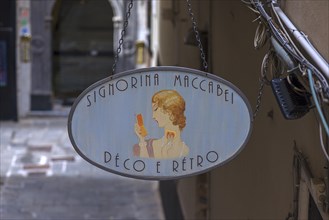 Nose sign of an antique shop, Signorina Maccabei, in the historic centre, Genoa, Italy, Europe