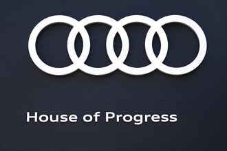 AUDI company logo, IAA Mobility 2023, Munich, Bavaria, Germany, Europe