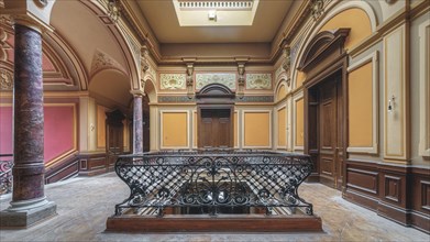 Symmetrical foyer with elegant wrought-iron railings surrounded by columns and arches, Villa