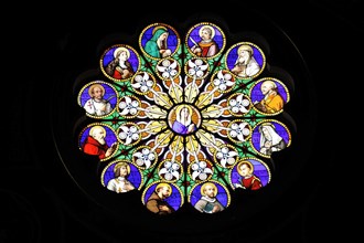 Coloured stained glass window, rose window, church window, Basilica of Santa Maria sopra Minerva,