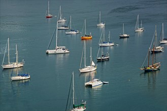Several sailing boats on calm water with visible reflections, Monte da Guia, Horta, Faial Island,
