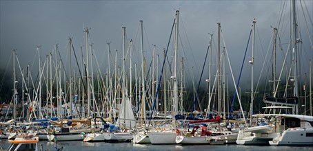 Sailboats in the sunny harbour of Horta with dark clouds above, Horta, Faial Island, Azores,