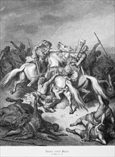 Abishai saves David, 2nd Book of Samuel, battle, soldiers, horses, armour, swords, lances, weapons,