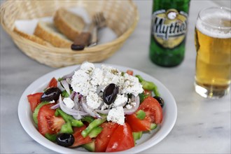 Greek salad, table setting, taverna, restaurant, Falasarna, Phalasarna, Crete, Greece, Europe