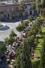 High angle view of people at street market, Jerez de la Frontera, Spain, Europe