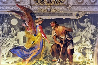 Ceiling painting with angel and peasant, Vatican Museums, Vatican City, Vatican, Rome, Lazio,