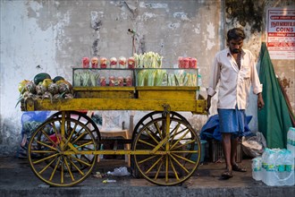 Yellow cart, stall of a fruit vendor, Pondicherry or Puducherry, Tamil Nadu, India, Asia