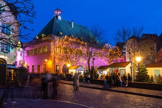 Historic houses with Christmas lights, Christmas decoration, Christmas market, historic town,