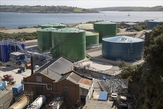 Fuel storage container oil tanks in docks, Falmouth, Cornwall, England, United Kingdom, Europe