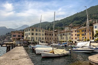 Boats in the harbour of Gargnano, Lake Garda, Province of Brescia, Lombardy, Italy, Europe