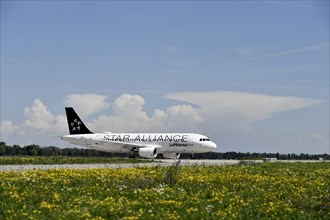 Star Alliance Airbus A320-200 taxiing after landing on taxiway from Runway North to Terminal 2 in