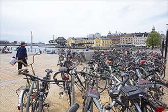 Parked bicycles in Helsingborg, Skane laen, Sweden, Europe