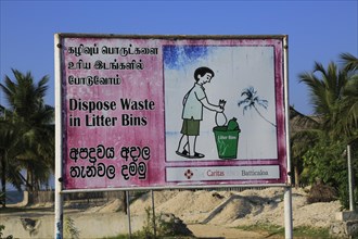 Dispose Waste in Litter Bins sign, Pasikudah Bay, Eastern Province, Sri Lanka, Asia