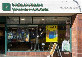 Mountain Warehouse outdoor clothing shop store window display, Woodbridge, Suffolk, England, UK